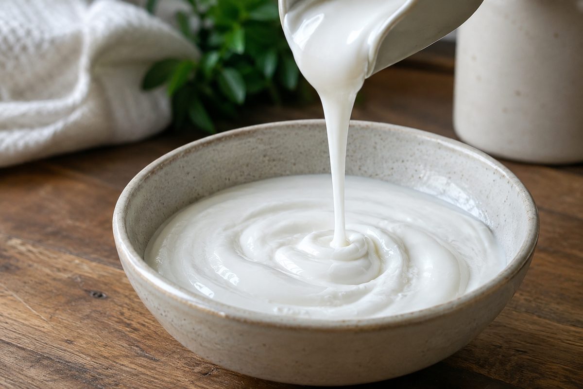 Velvety facial cleansing emulsion texture in a ceramic studio mixing bowl