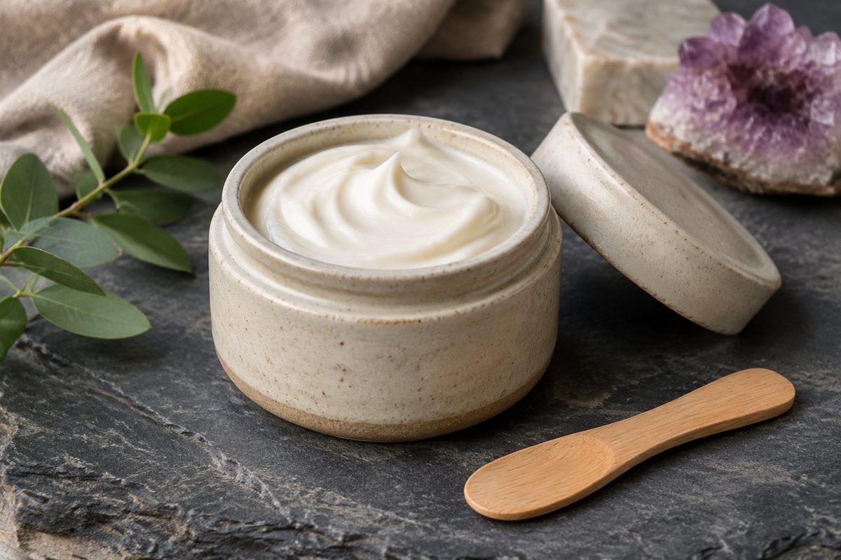 Rich ceramide barrier restorative cream in a stoneware jar with applicator tool